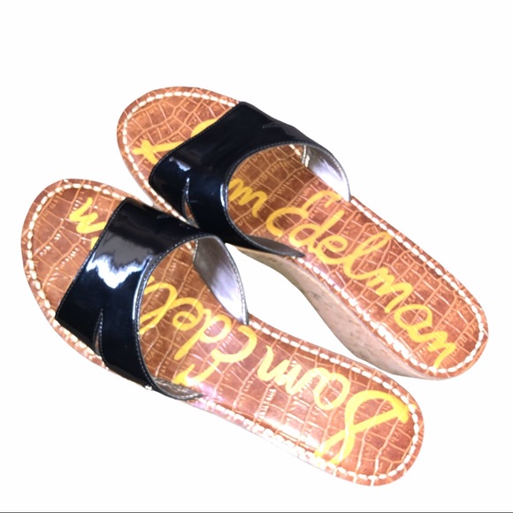 Sam Edelman Reid Black Patent Wedge Cork Sandals - Picture 9 of 11